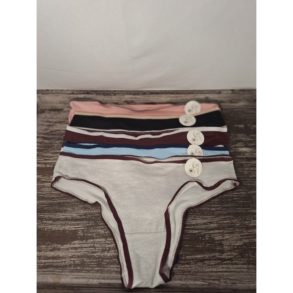 Womens 5 Pack Cotton Blend Bikini Panties Multi Color Contrast Trim Size M